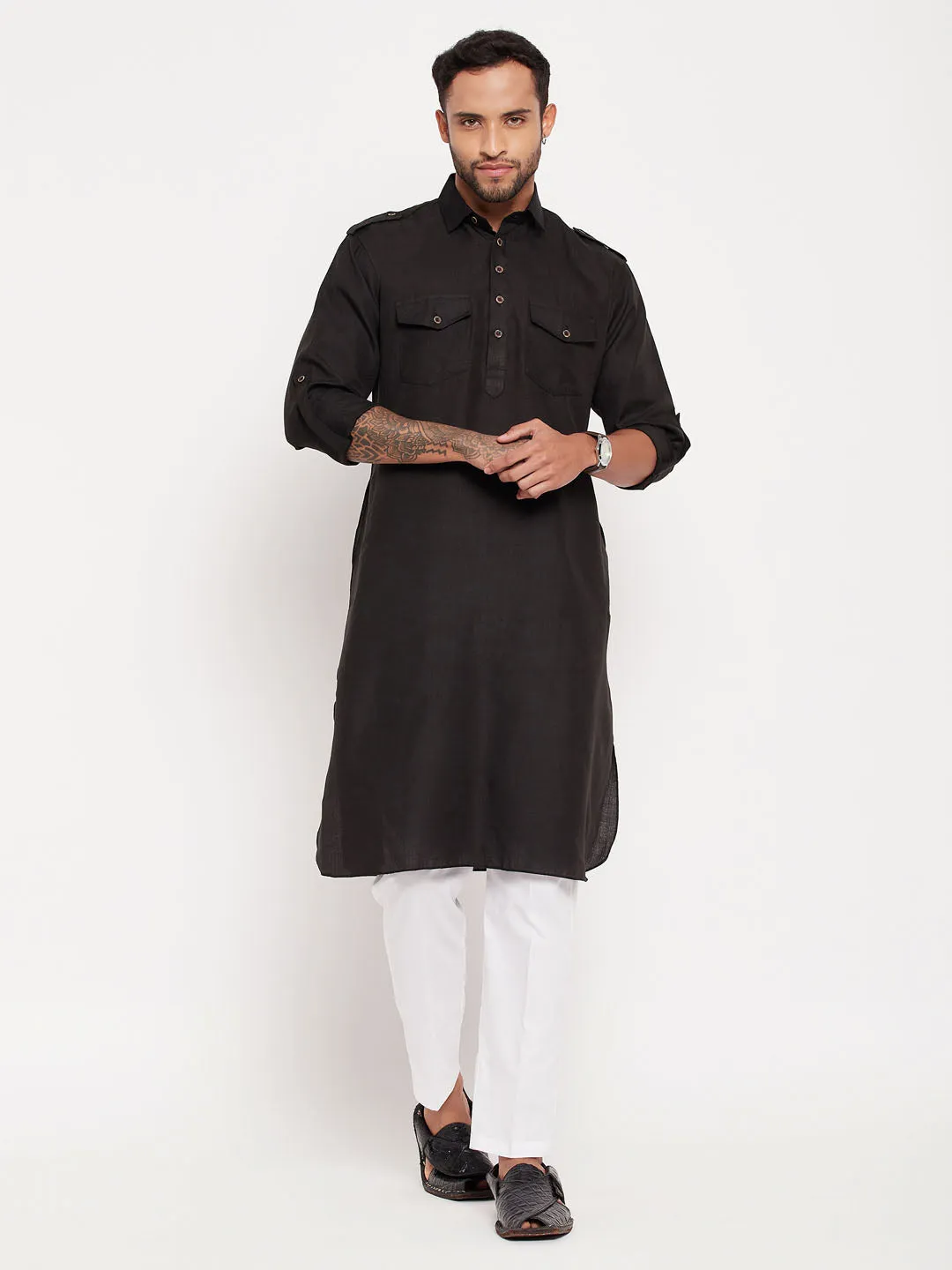 Jashvi Men's Black Pathani Suit With White Pant Set