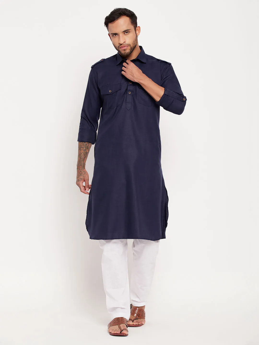 Jashvi Men's Blue And White Cotton Blend Pathani Suit Set