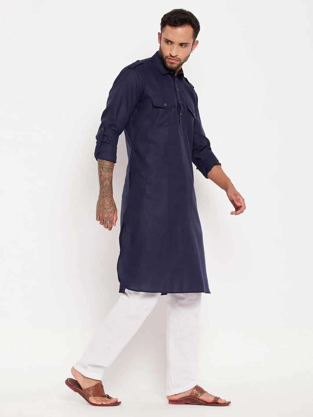 Jashvi Men's Blue And White Cotton Blend Pathani Suit Set