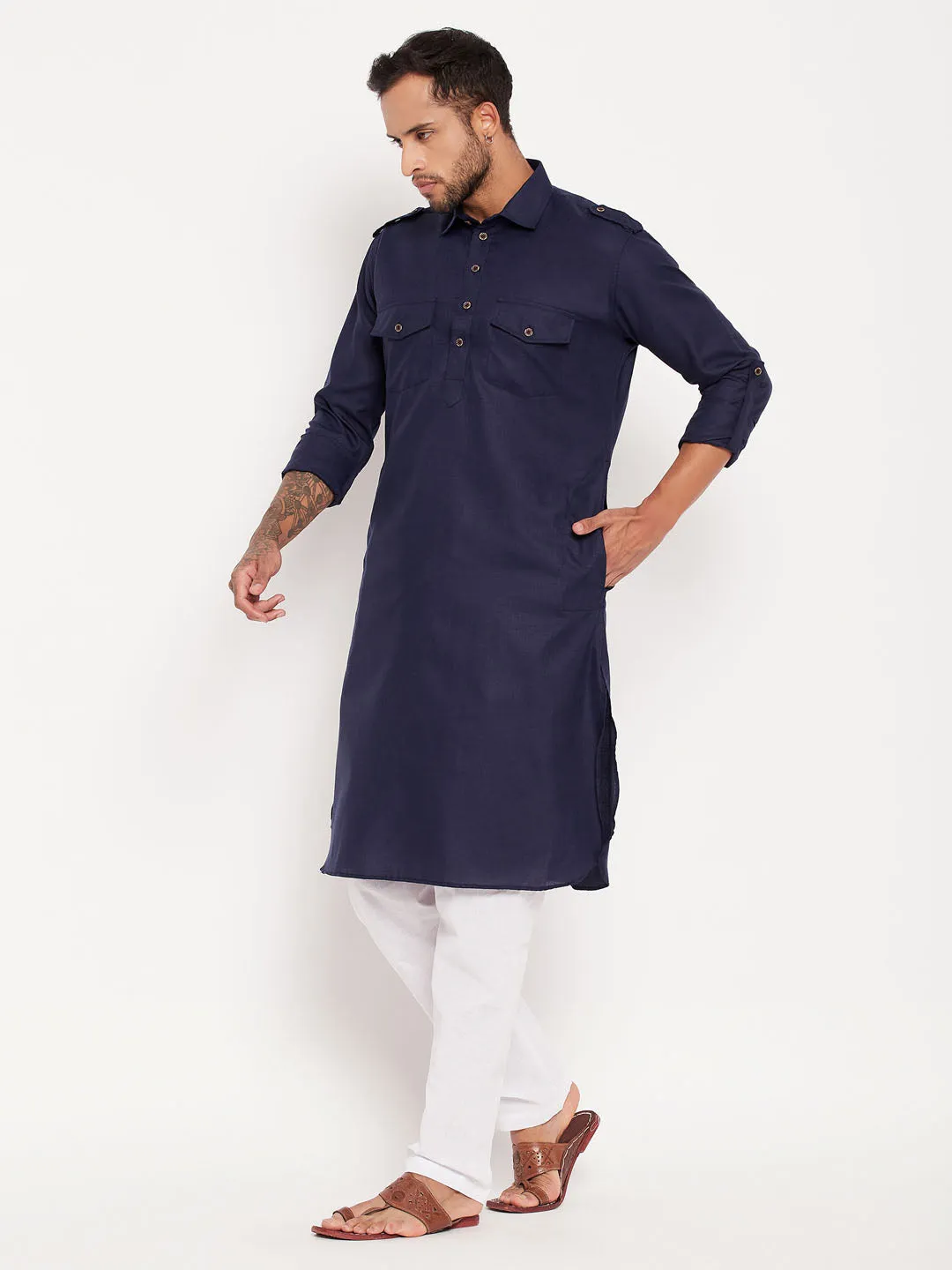 Jashvi Men's Blue And White Cotton Blend Pathani Suit Set