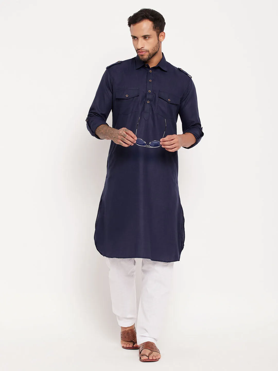 Jashvi Men's Blue And White Cotton Blend Pathani Suit Set