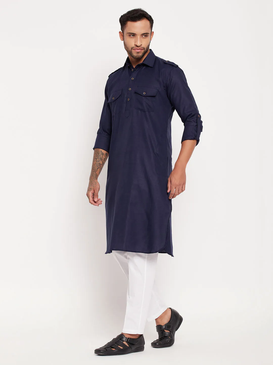 Jashvi Men's Blue Pathani Suit With White Pant Set