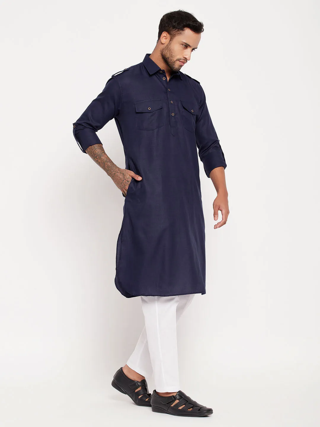 Jashvi Men's Blue Pathani Suit With White Pant Set