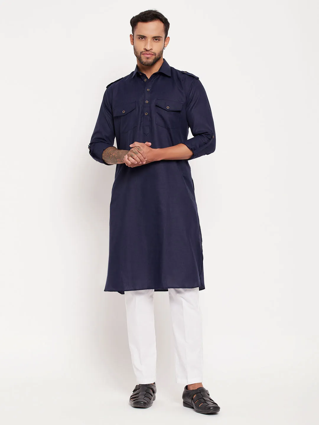 Jashvi Men's Blue Pathani Suit With White Pant Set