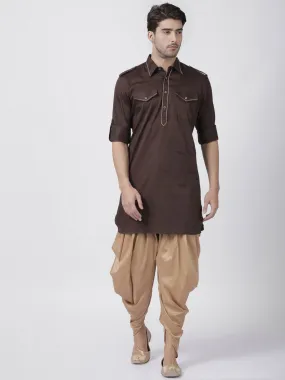 Jashvi Men's Brown Cotton Blend Pathani Suit Set