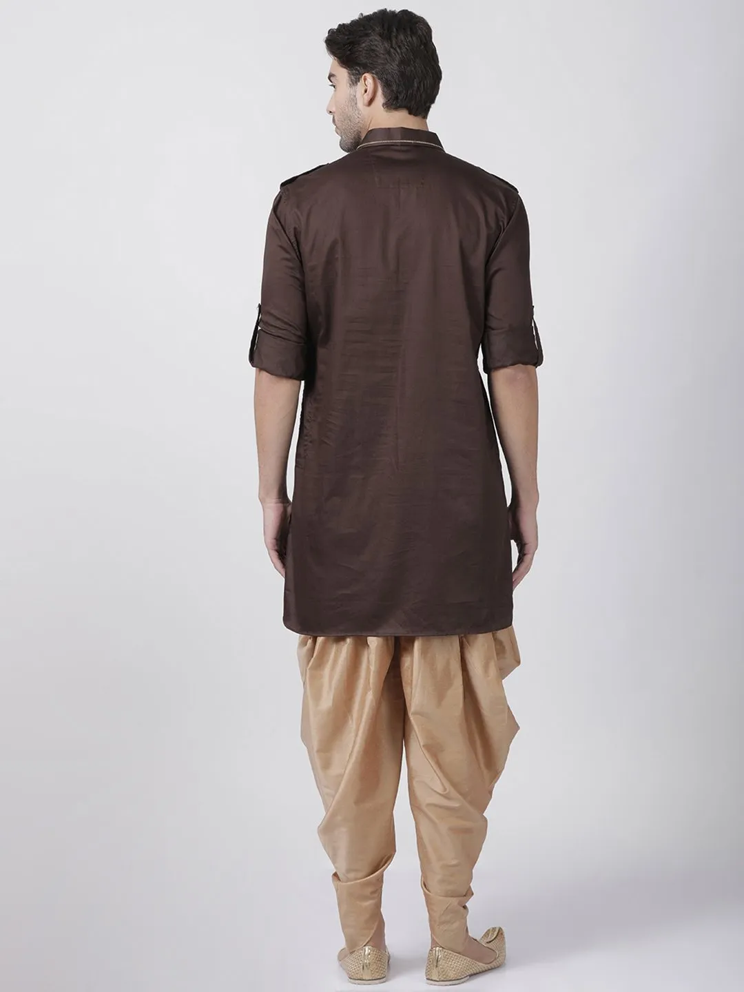 Jashvi Men's Brown Cotton Blend Pathani Suit Set