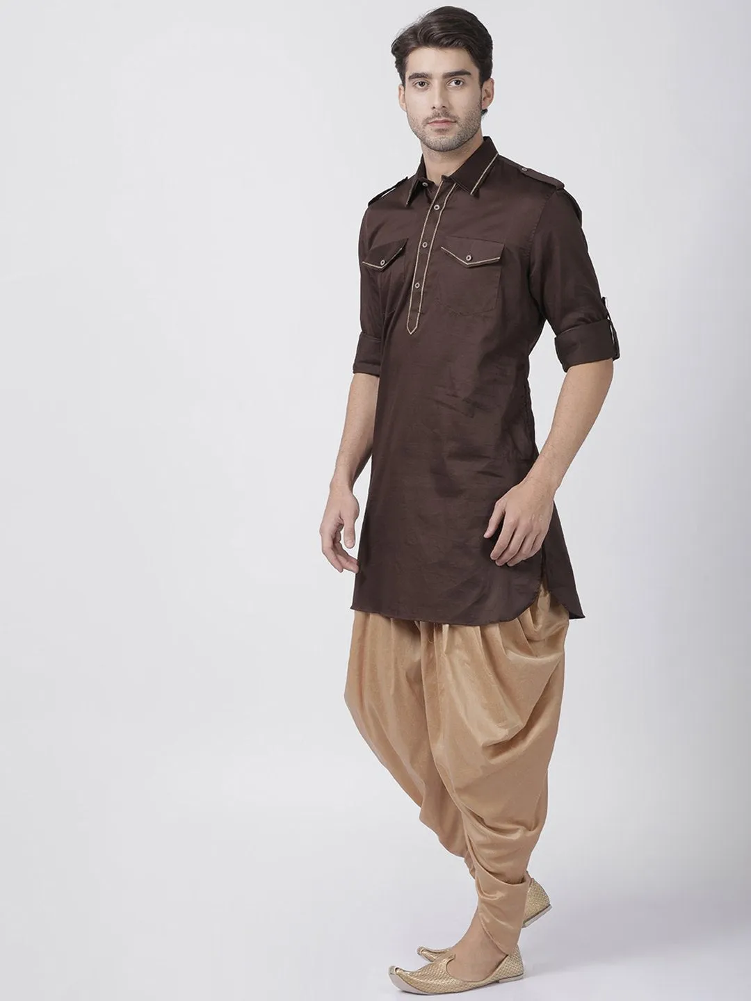 Jashvi Men's Brown Cotton Blend Pathani Suit Set