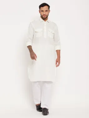 Jashvi Men's Cream And White Cotton Blend Pathani Suit Set