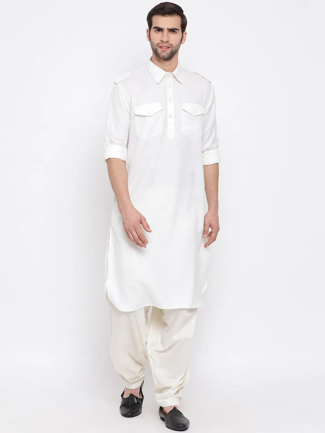 Jashvi Men's Cream Cotton Blend Pathani Suit Set