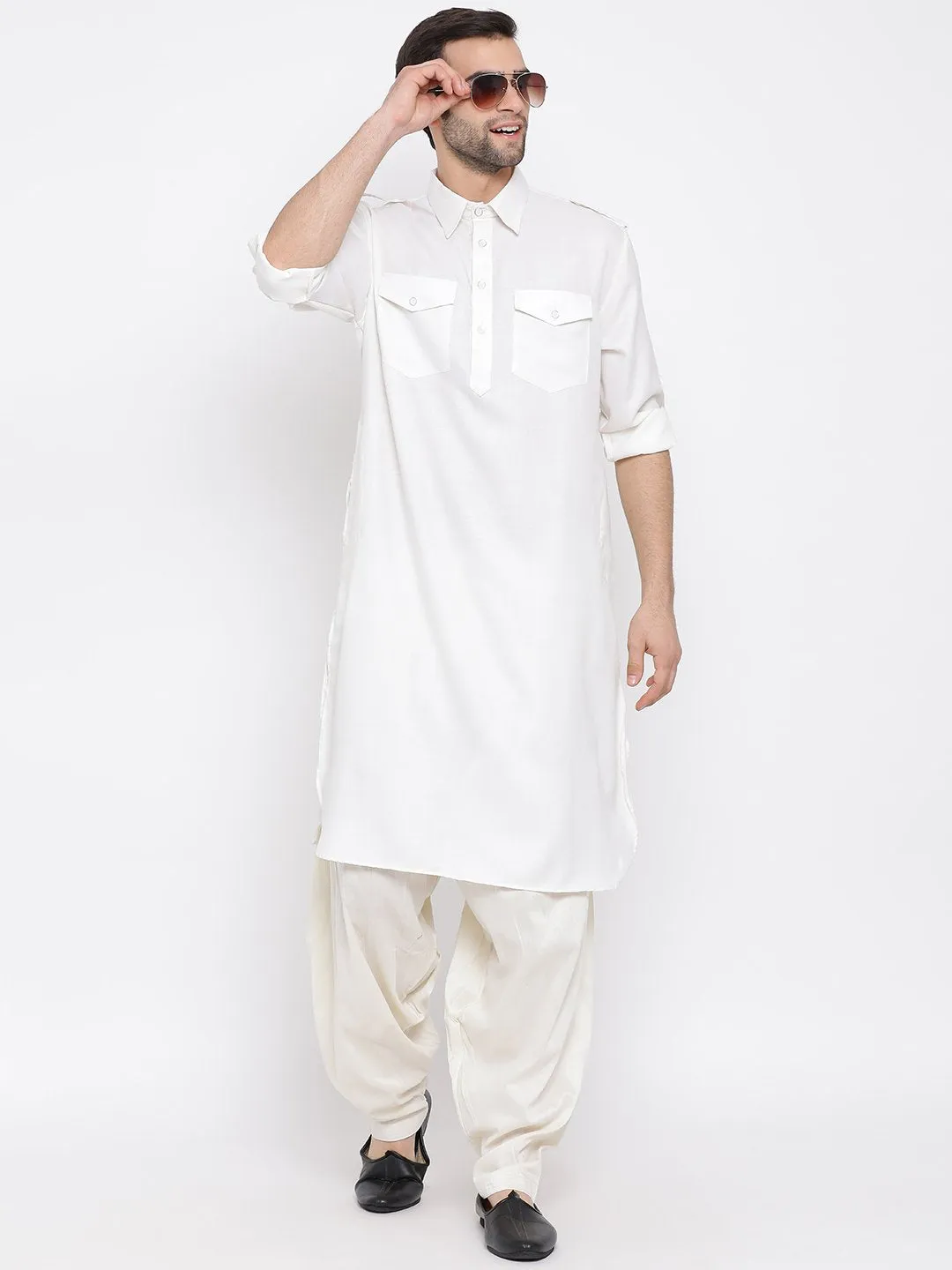 Jashvi Men's Cream Cotton Blend Pathani Suit Set