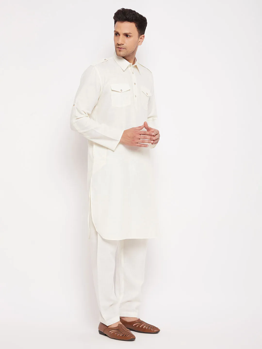 Jashvi Men's Cream Pathani Suit Set