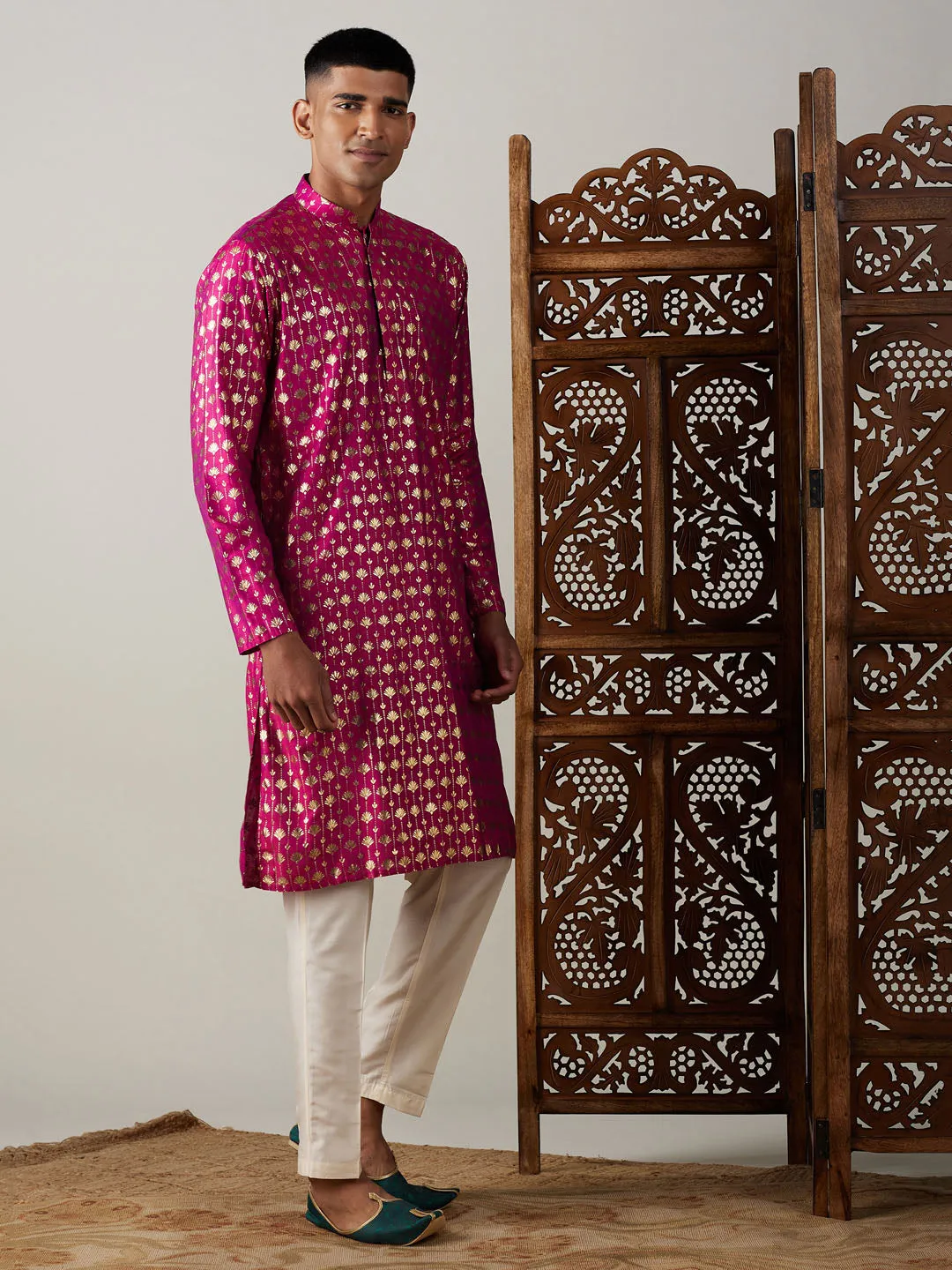 Jashvi Men's Dark Pink Foil Printed Kurta With Cream Pant Style Pyjama Set