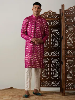 Jashvi Men's Dark Pink Foil Printed Kurta With Cream Pant Style Pyjama Set