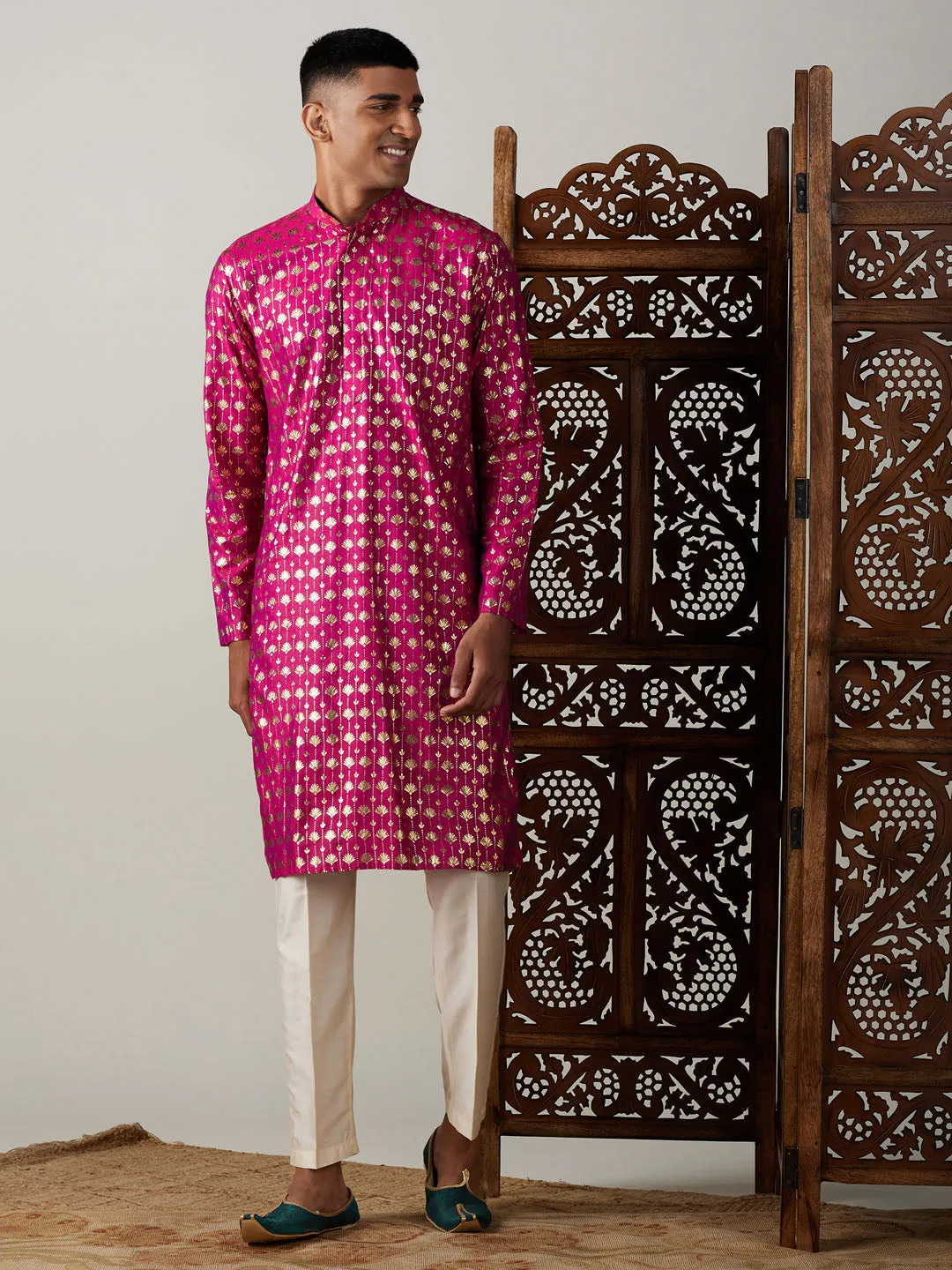 Jashvi Men's Dark Pink Foil Printed Kurta With Cream Pant Style Pyjama Set