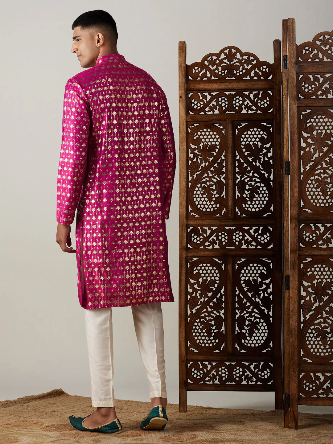 Jashvi Men's Dark Pink Foil Printed Kurta With Cream Pant Style Pyjama Set