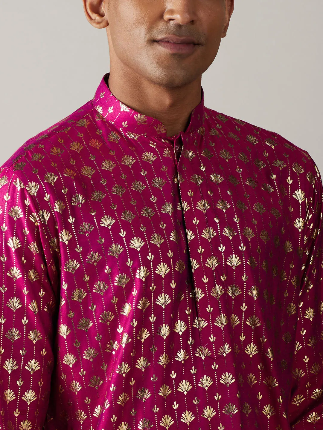 Jashvi Men's Dark Pink Foil Printed Kurta With Cream Pant Style Pyjama Set