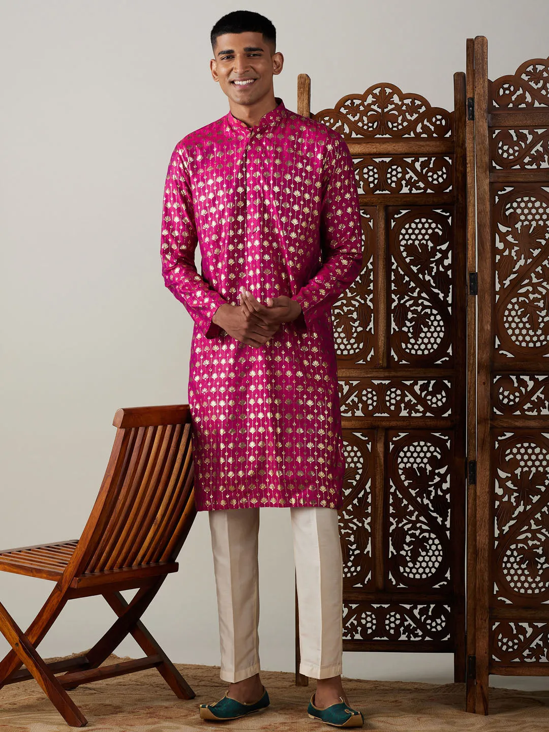 Jashvi Men's Dark Pink Foil Printed Kurta With Cream Pant Style Pyjama Set