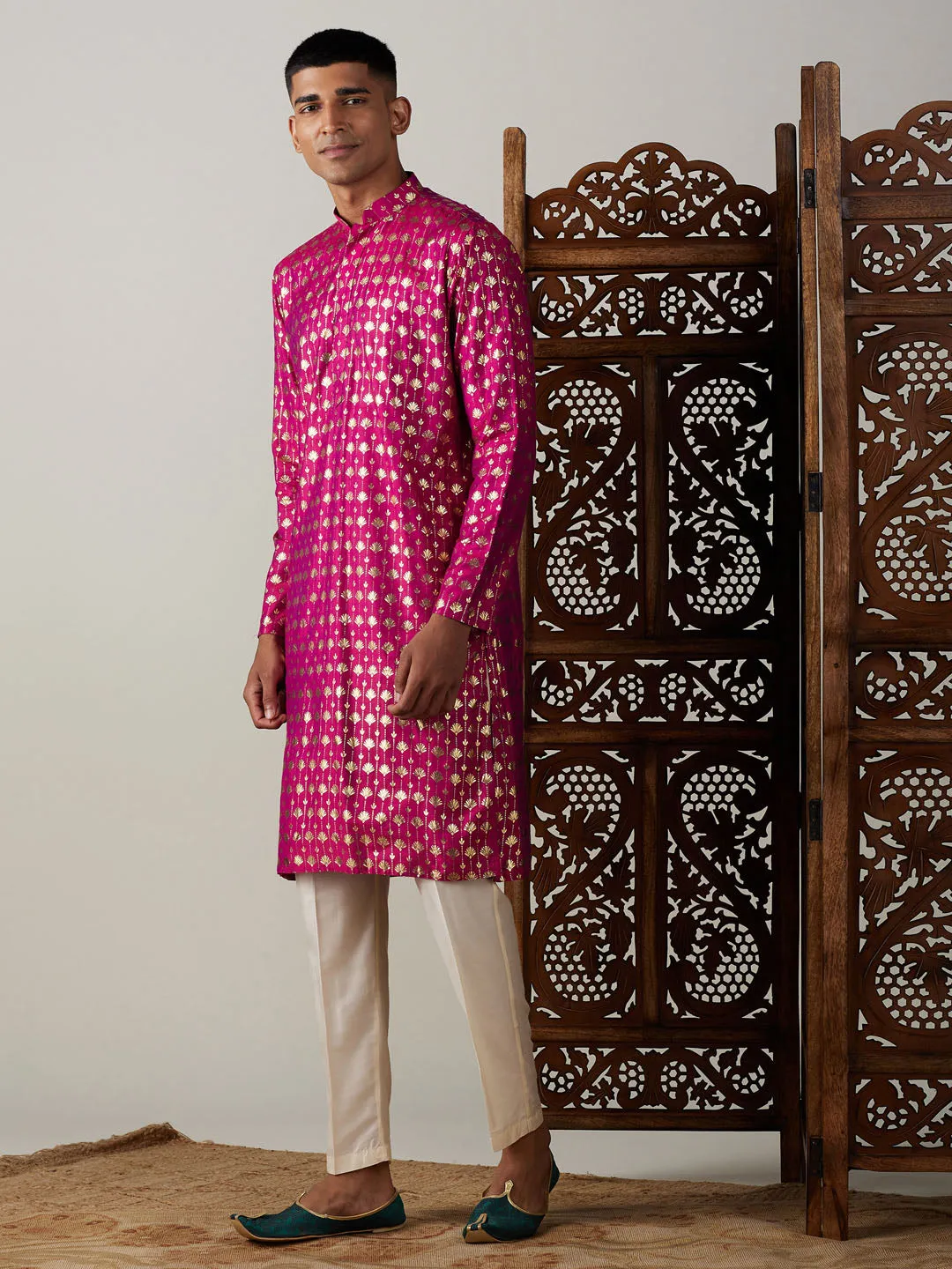 Jashvi Men's Dark Pink Foil Printed Kurta With Cream Pant Style Pyjama Set