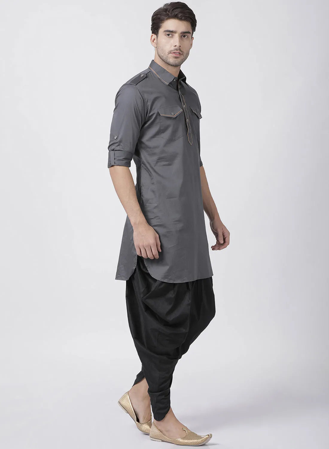 Jashvi Men's Grey Cotton Blend Pathani Suit Set