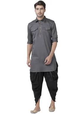 Jashvi Men's Grey Cotton Blend Pathani Suit Set