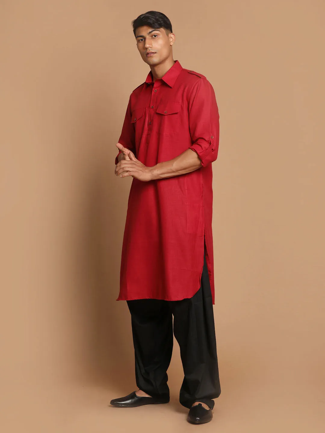 Jashvi Men's Maroon  And Black Cotton Blend Pathani Suit Set