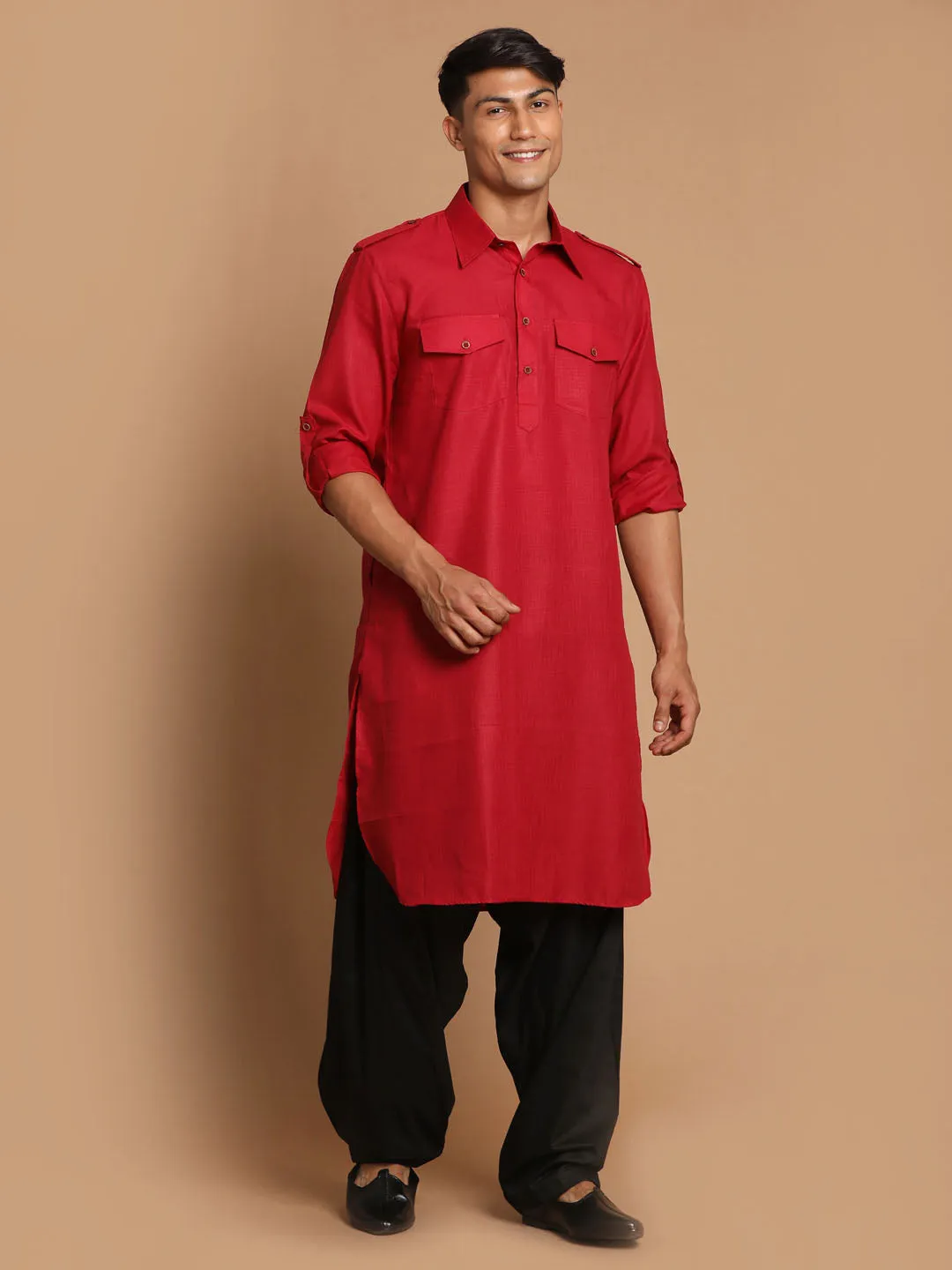 Jashvi Men's Maroon  And Black Cotton Blend Pathani Suit Set