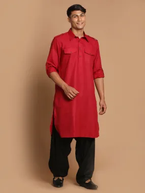 Jashvi Men's Maroon  And Black Cotton Blend Pathani Suit Set