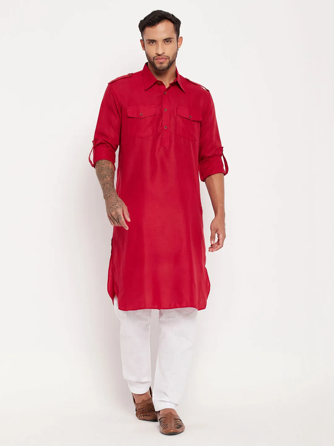 Jashvi Men's Maroon And White Cotton Blend Pathani Suit Set