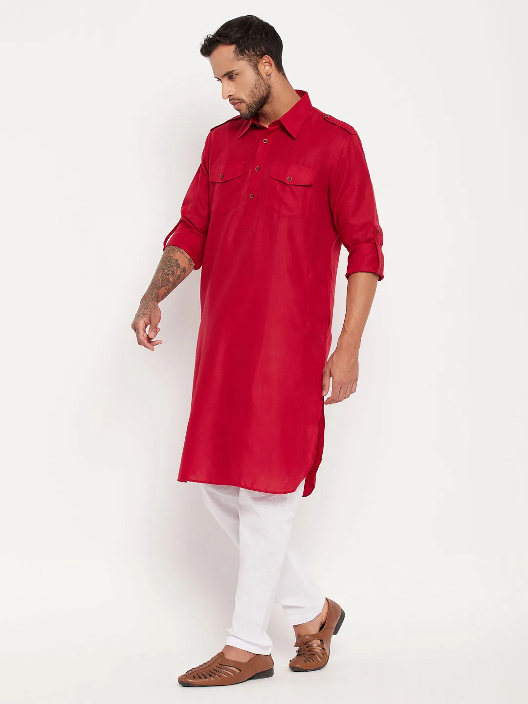 Jashvi Men's Maroon And White Cotton Blend Pathani Suit Set