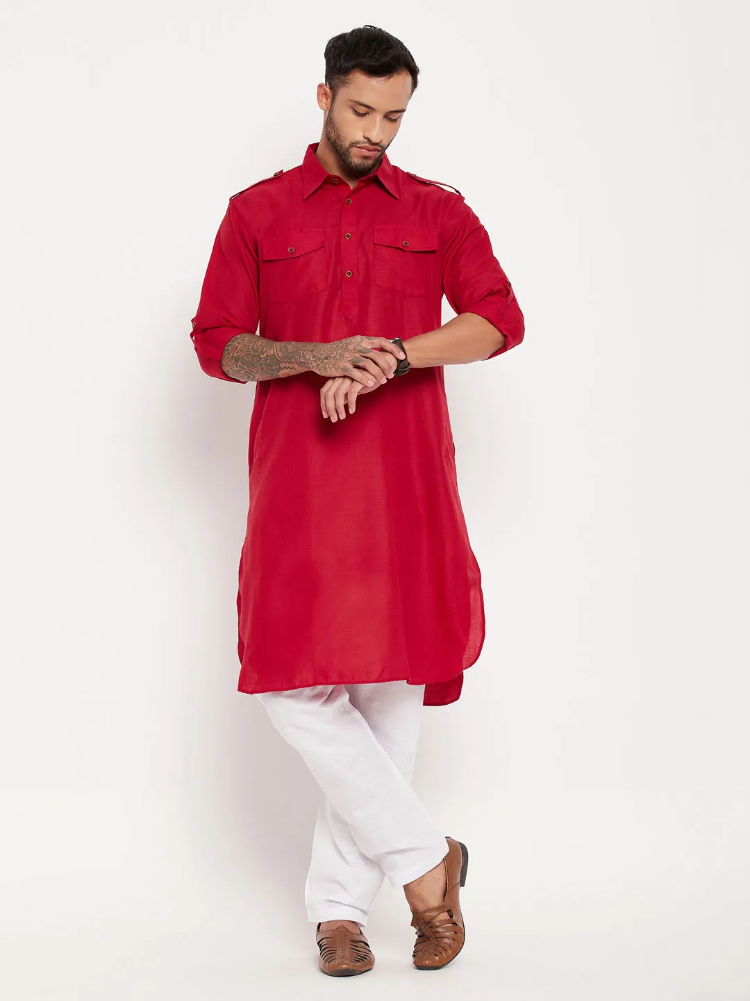 Jashvi Men's Maroon And White Cotton Blend Pathani Suit Set