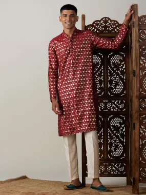 Jashvi Men's Maroon Foil Printed Kurta With Cream Pant Style Pyjama Set