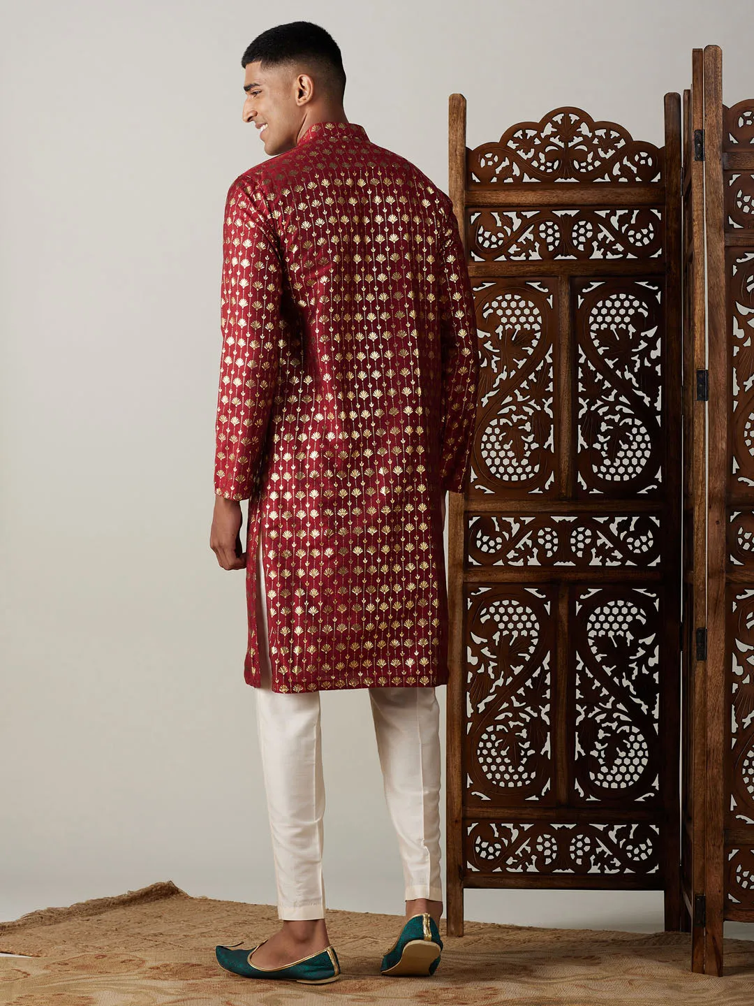 Jashvi Men's Maroon Foil Printed Kurta With Cream Pant Style Pyjama Set