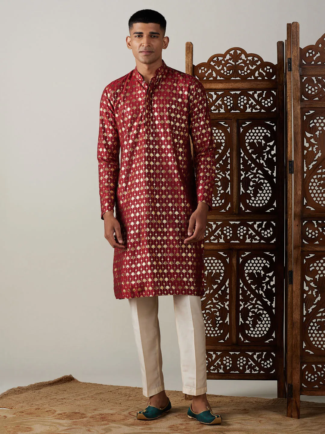 Jashvi Men's Maroon Foil Printed Kurta With Cream Pant Style Pyjama Set