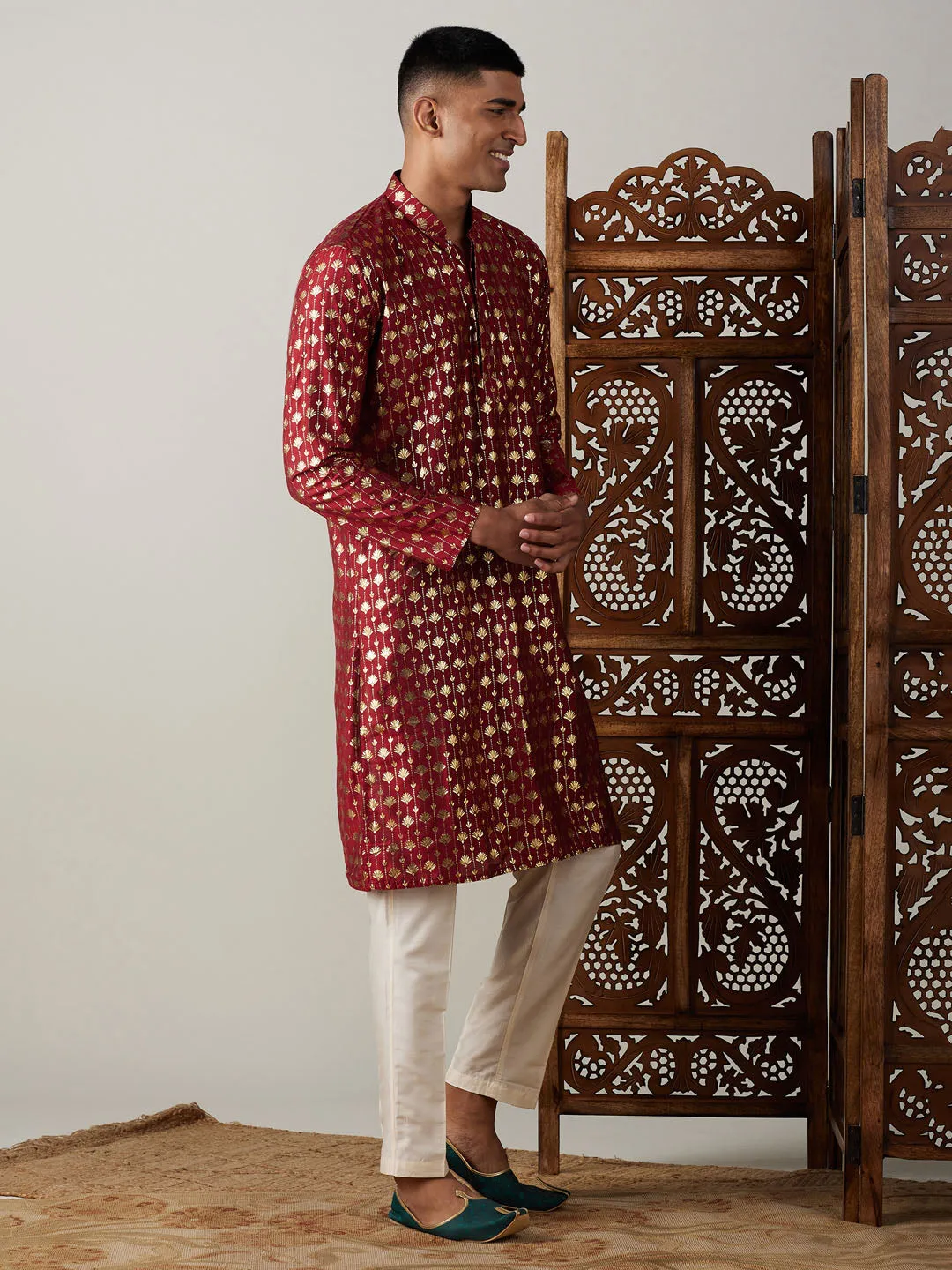 Jashvi Men's Maroon Foil Printed Kurta With Cream Pant Style Pyjama Set