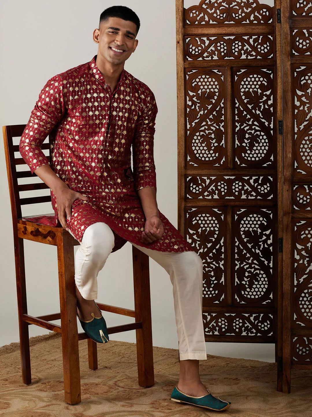 Jashvi Men's Maroon Foil Printed Kurta With Cream Pant Style Pyjama Set