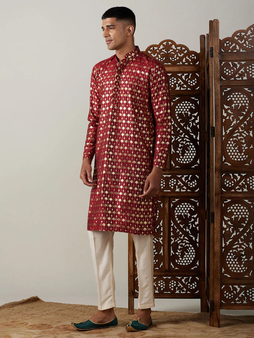 Jashvi Men's Maroon Foil Printed Kurta With Cream Pant Style Pyjama Set