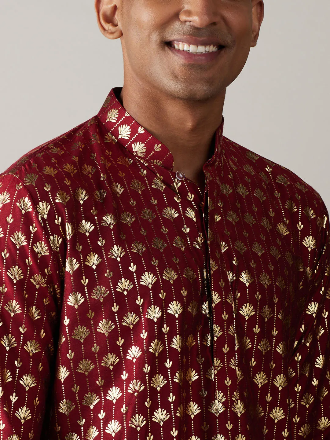 Jashvi Men's Maroon Foil Printed Kurta With Cream Pant Style Pyjama Set