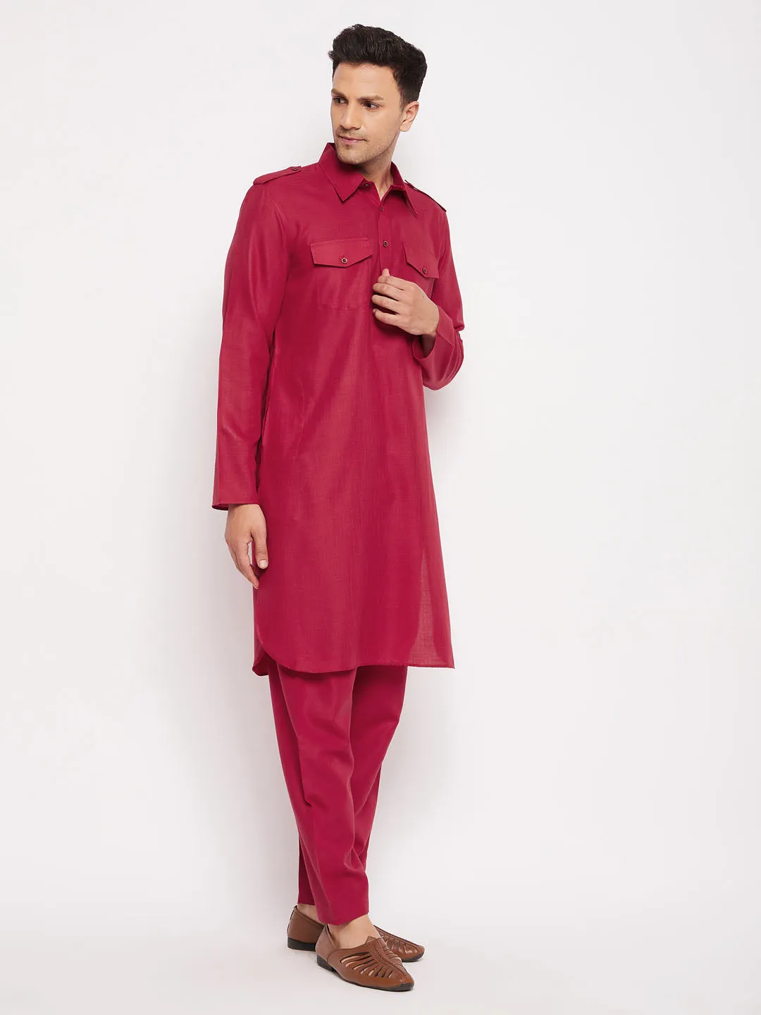 Jashvi Men's Maroon Pathani Suit Set