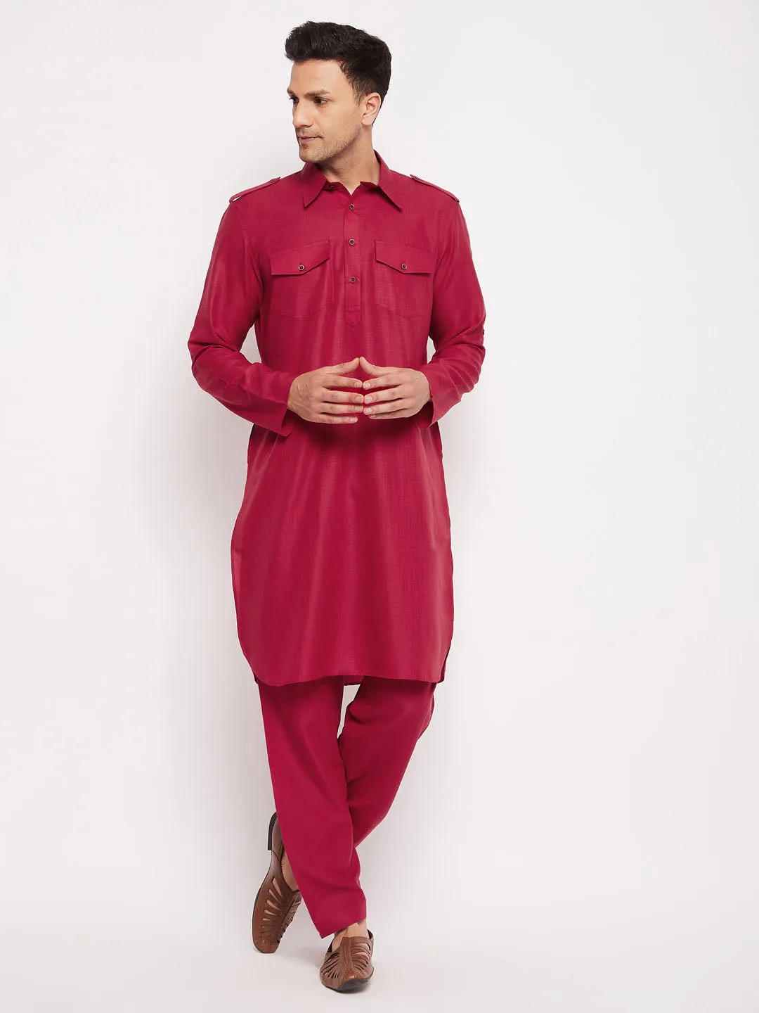 Jashvi Men's Maroon Pathani Suit Set