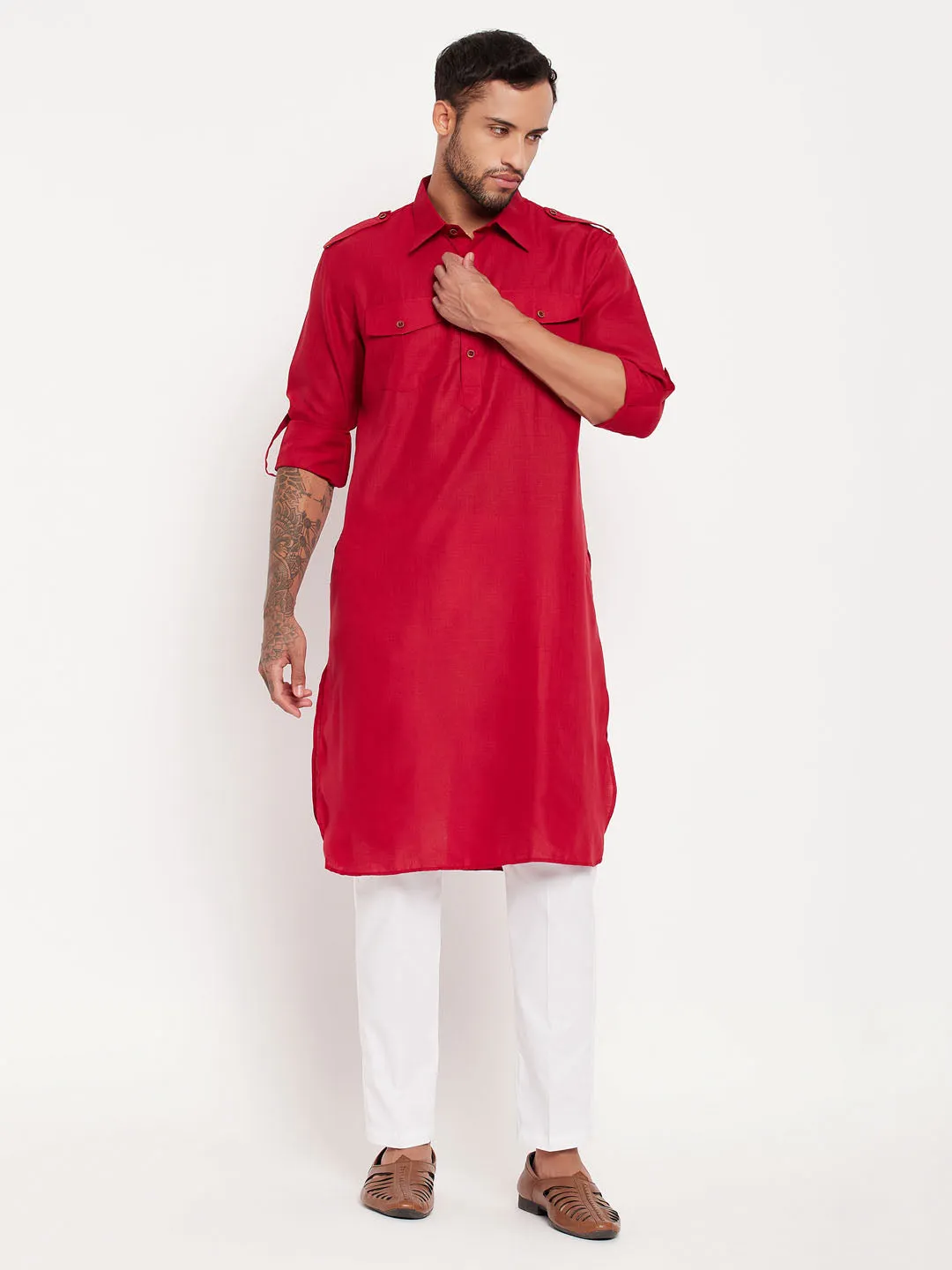 Jashvi Men's Maroon Pathani Suit With White Pant Set