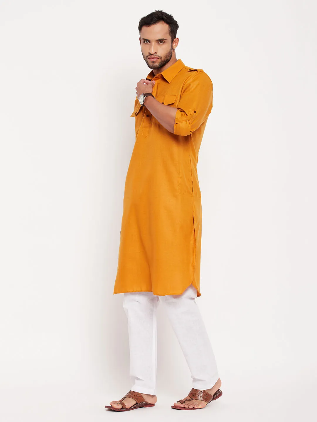 Jashvi Men's Rust And White Cotton Blend Pathani Suit Set