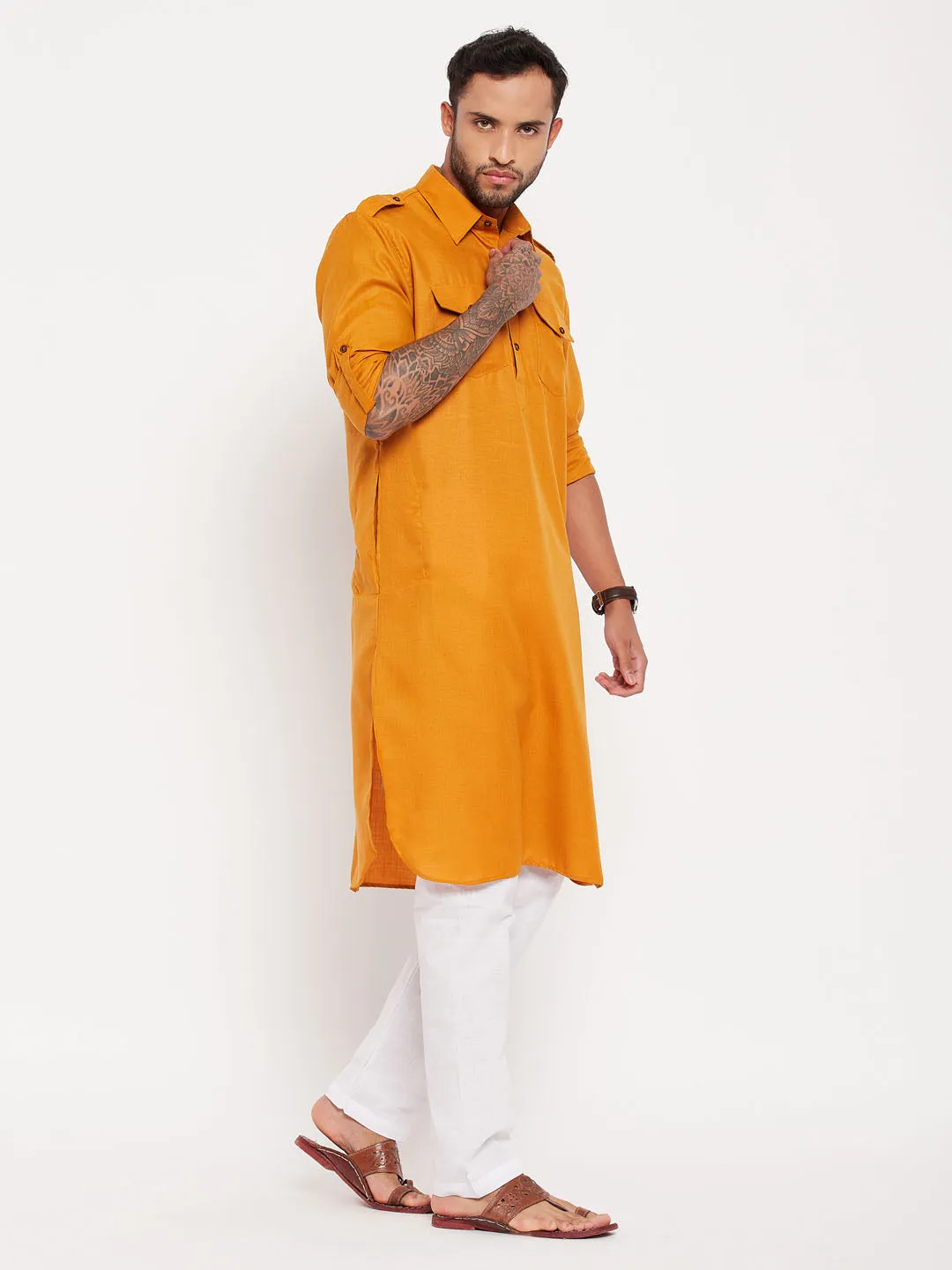 Jashvi Men's Rust And White Cotton Blend Pathani Suit Set