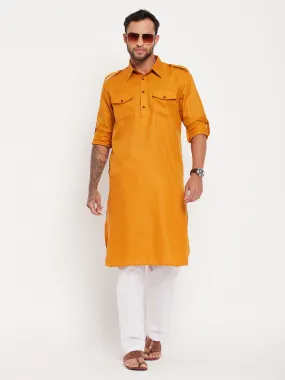 Jashvi Men's Rust And White Cotton Blend Pathani Suit Set