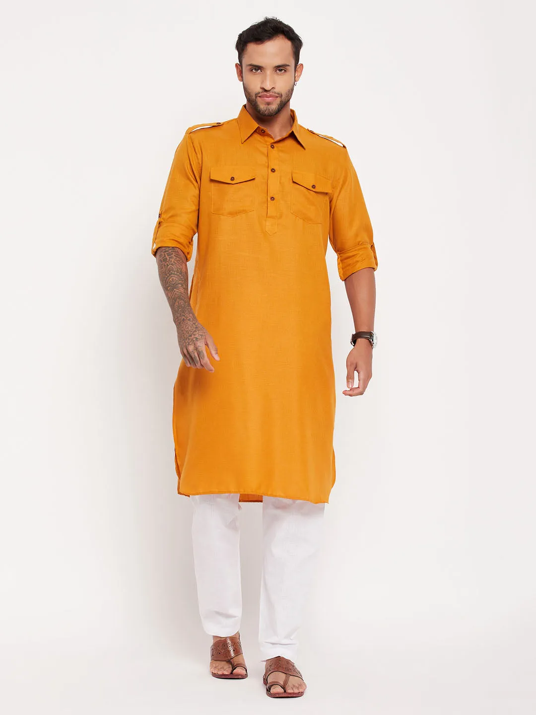 Jashvi Men's Rust And White Cotton Blend Pathani Suit Set