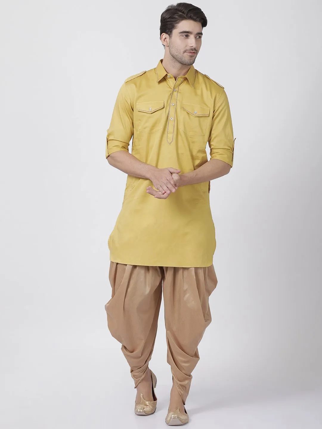 Jashvi Men's Yellow Cotton Blend Pathani Suit Set