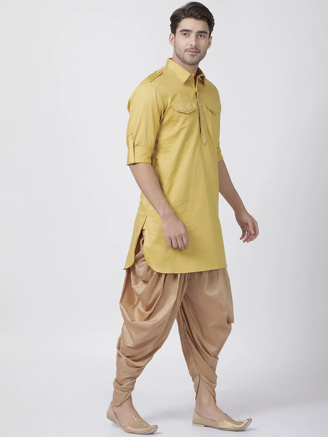 Jashvi Men's Yellow Cotton Blend Pathani Suit Set