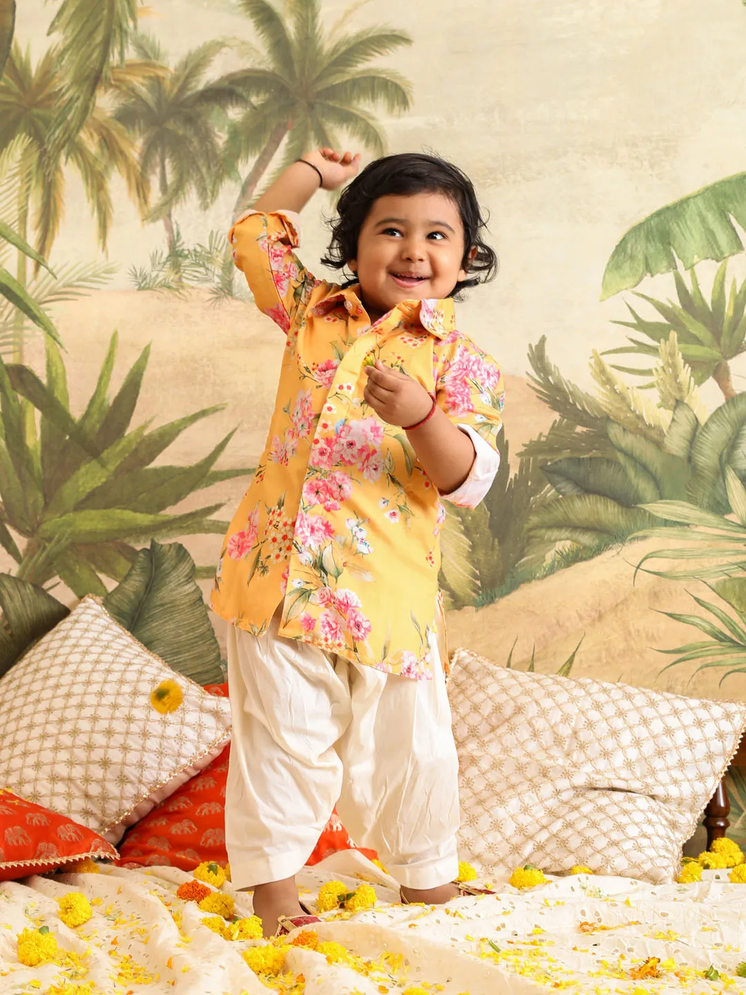 Jashvi SISHU Boy's Yellow Floral Printed Kurta Patiala Set