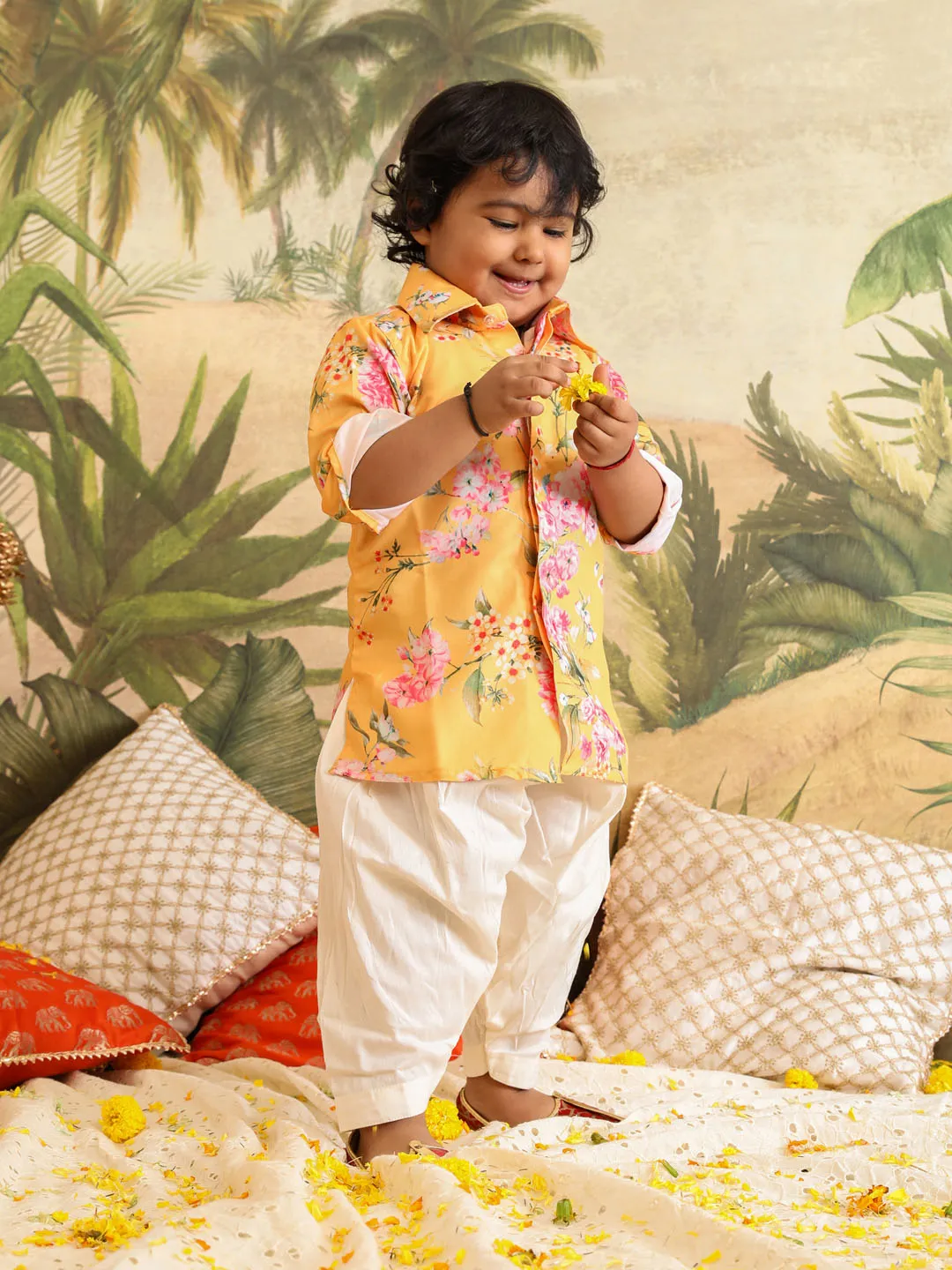 Jashvi SISHU Boy's Yellow Floral Printed Kurta Patiala Set