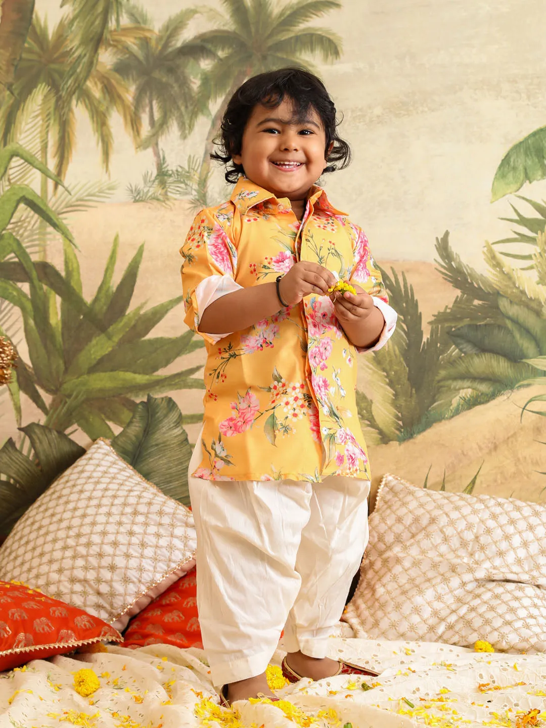 Jashvi SISHU Boy's Yellow Floral Printed Kurta Patiala Set