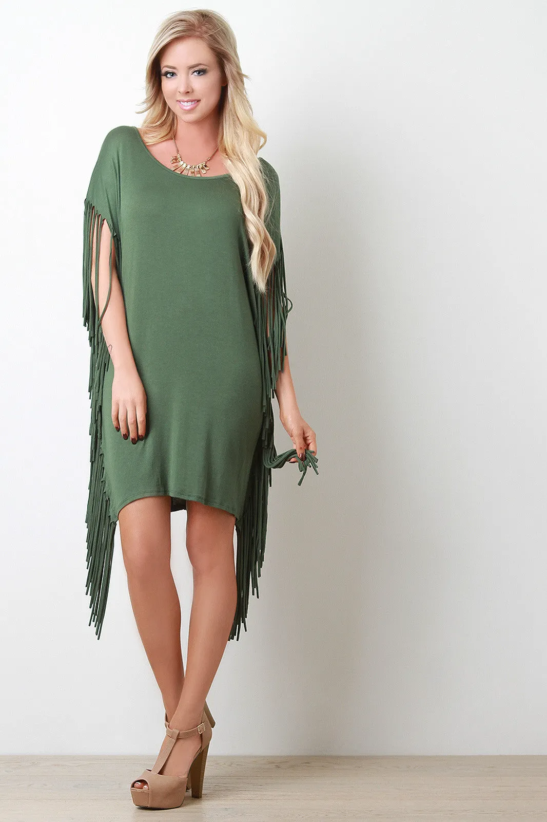 Jersey Knit Fringe Mini Poncho Dress